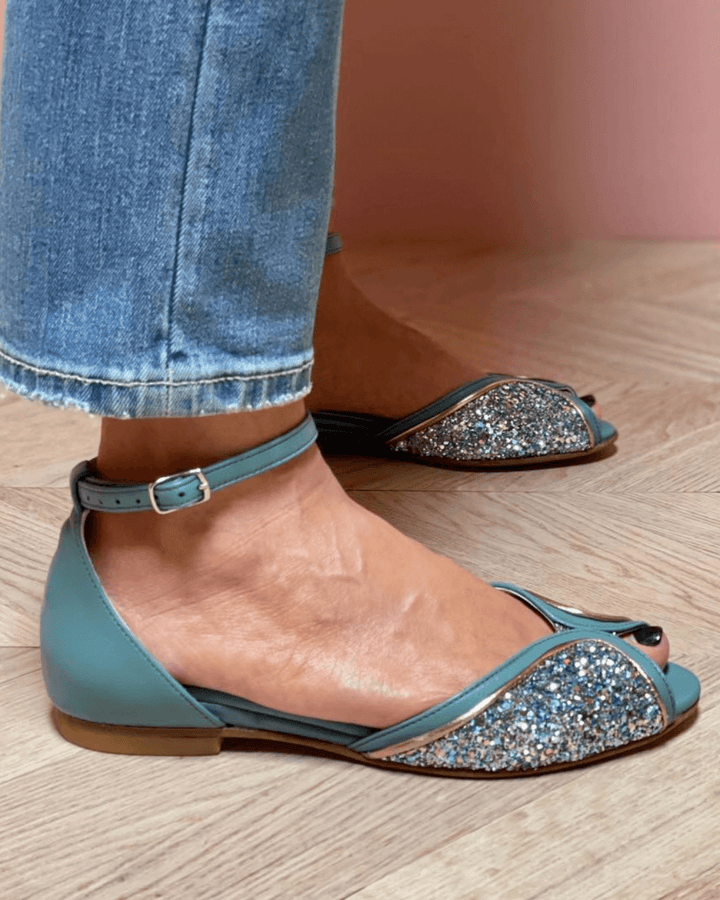 Marina – Glitter Patchwork Peep-Toe Sandals with Ankle Strap and Buckle – Byron Grace