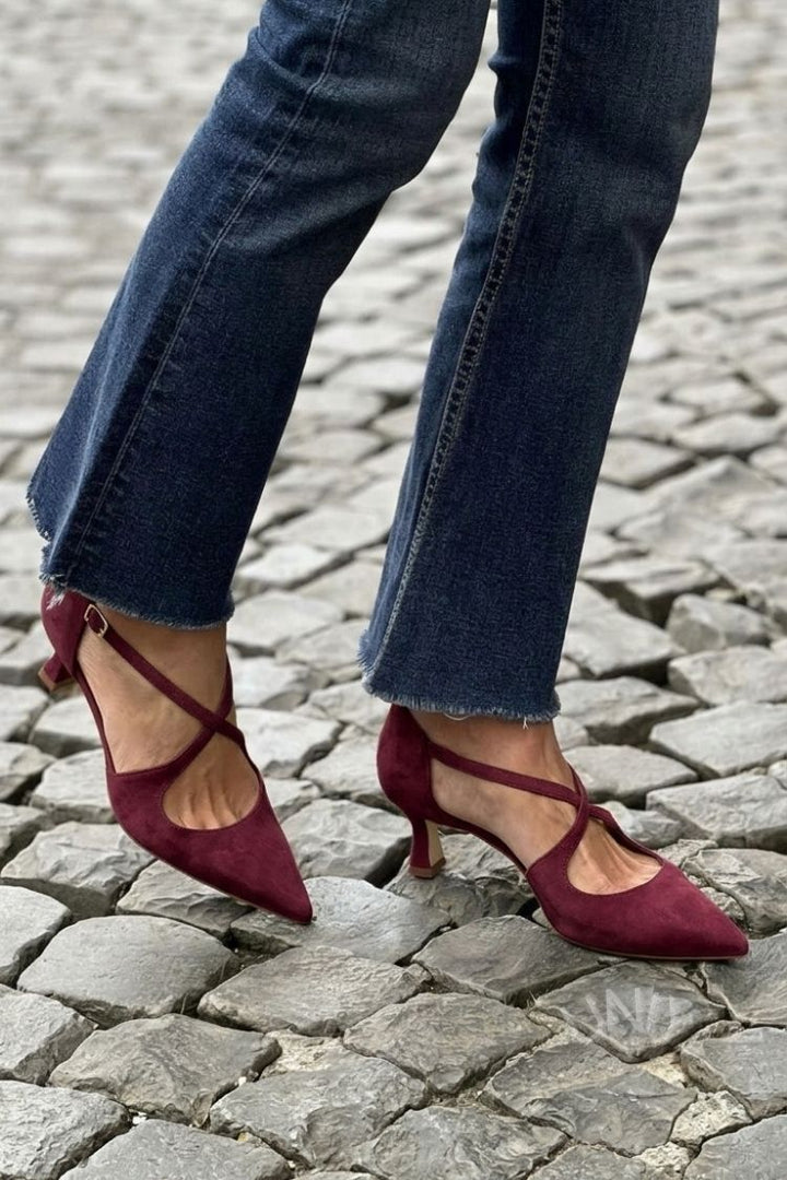 Katarina – Khaki Plain Pointed Low Heels with Buckle and Criss-Cross Straps – Byron Grace