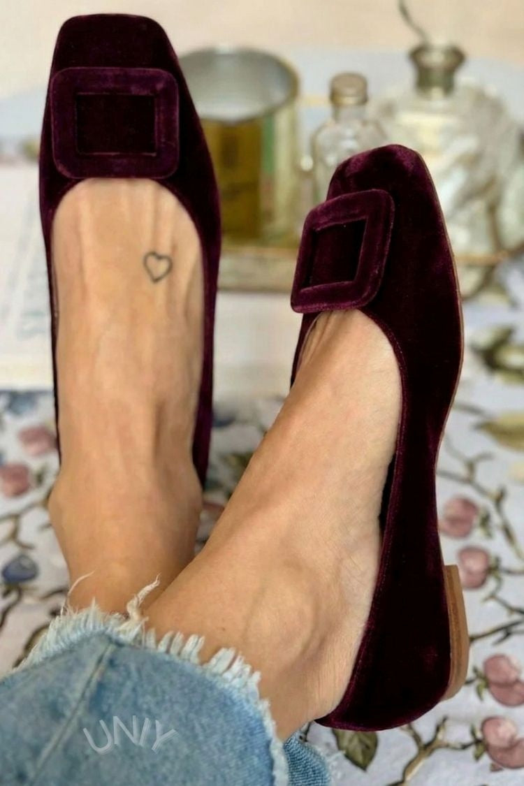Alexandra – Velvet Square-Toe Ballet Flats with Buckle – Byron Grace