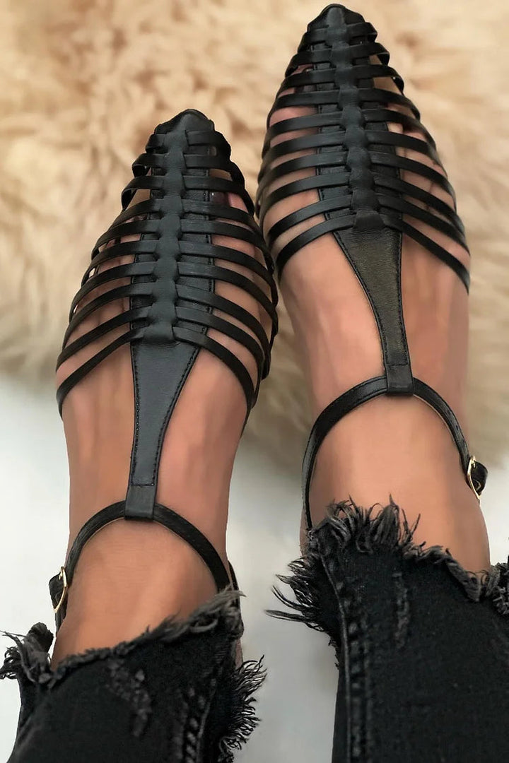 Camille – Black Casual Essential Cut-Out Pointed Sandals with T-Strap – Byron Grace
