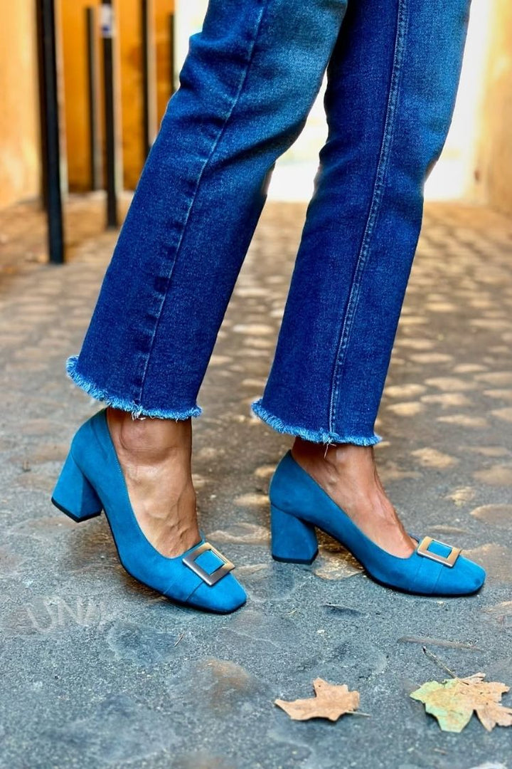 Thea – Navy Blue Patchwork Square-Toe Chunky Heels – Byron Grace