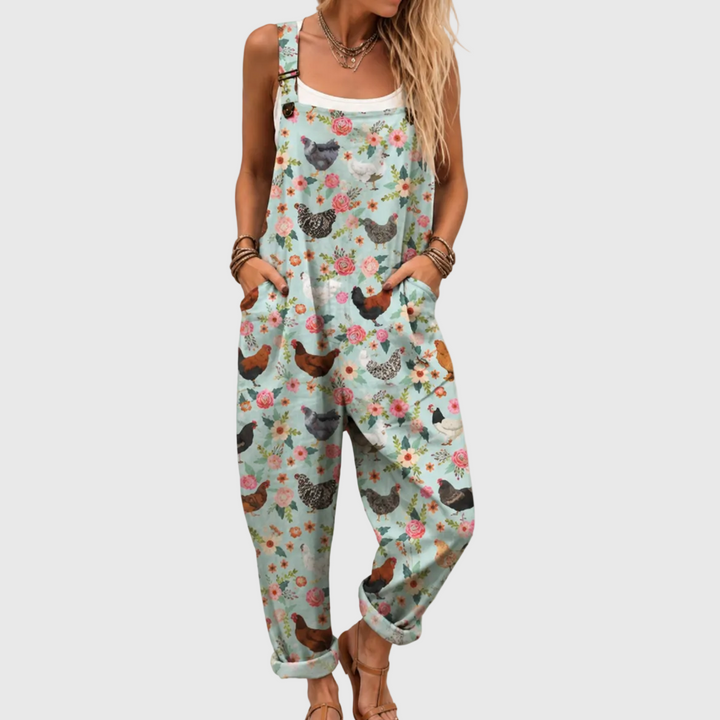 Emma – Floral Soft Overall with Chicken Pattern and Pockets