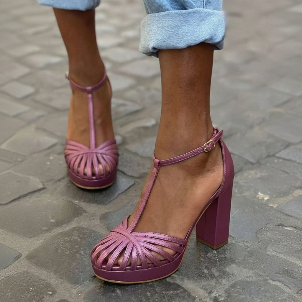 Brielle – Purple Round-Toe Sandals with T-Strap, Platform and Chunky Block Heel – Byron Grace