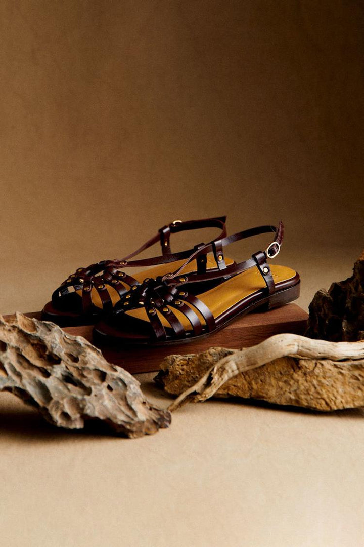 Daphne – Dark Brown Cut-Out Peep-Toe Sandals with Metal Studs – Byron Grace