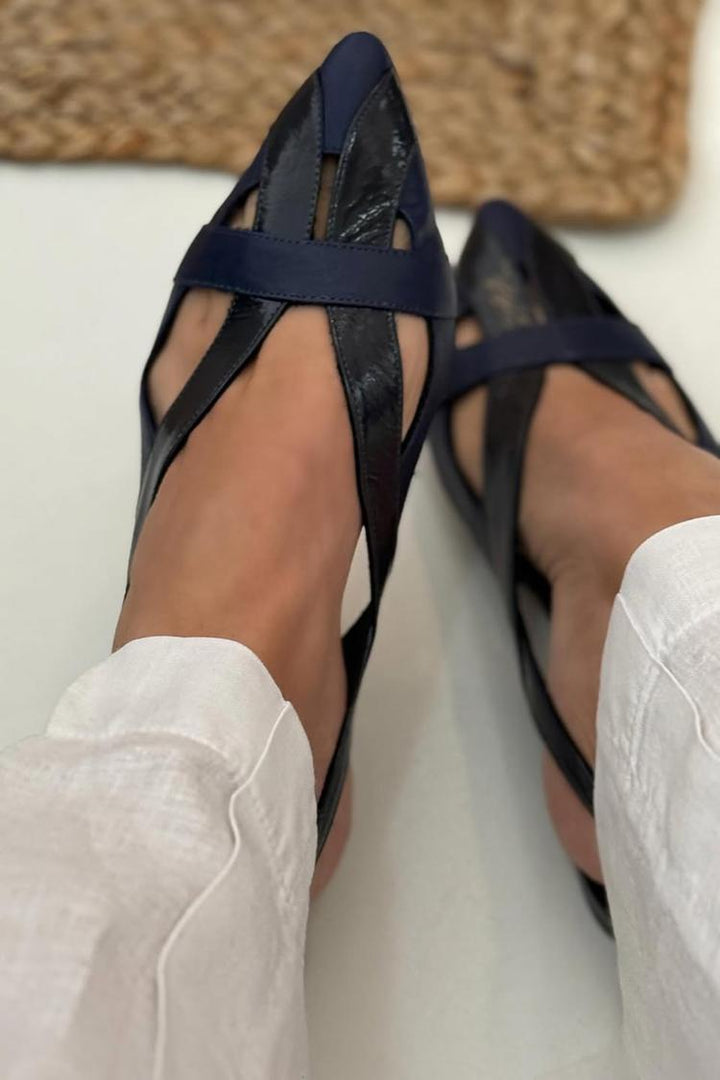 Roxana – Navy Blue Patchwork Cut-Out Pointed Slingback Ballet Flats – Byron Grace