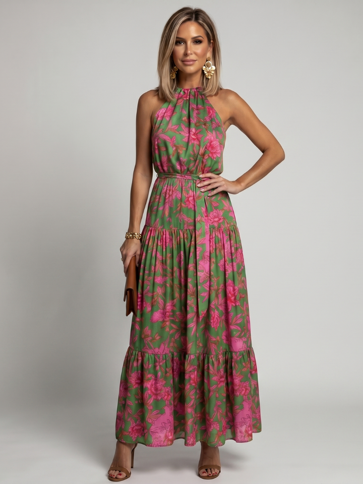 Ava - Pink Draped Midi Dress with Halter Neckline