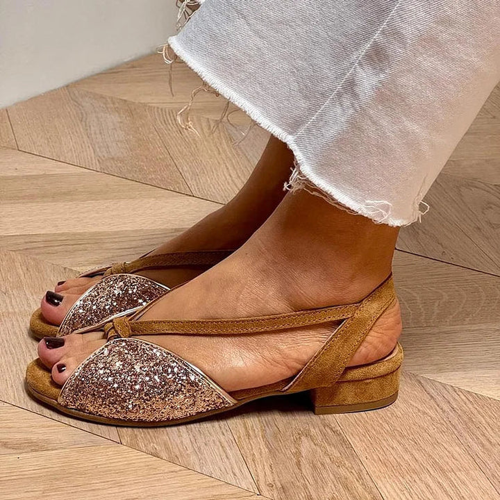 Dora – Brown Flat Glitter Patchwork Sandals – Byron Grace
