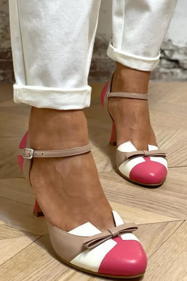 Josie – Fuchsia Colour-Block Patchwork Round-Toe Stiletto Heels with Bow – Byron Grace