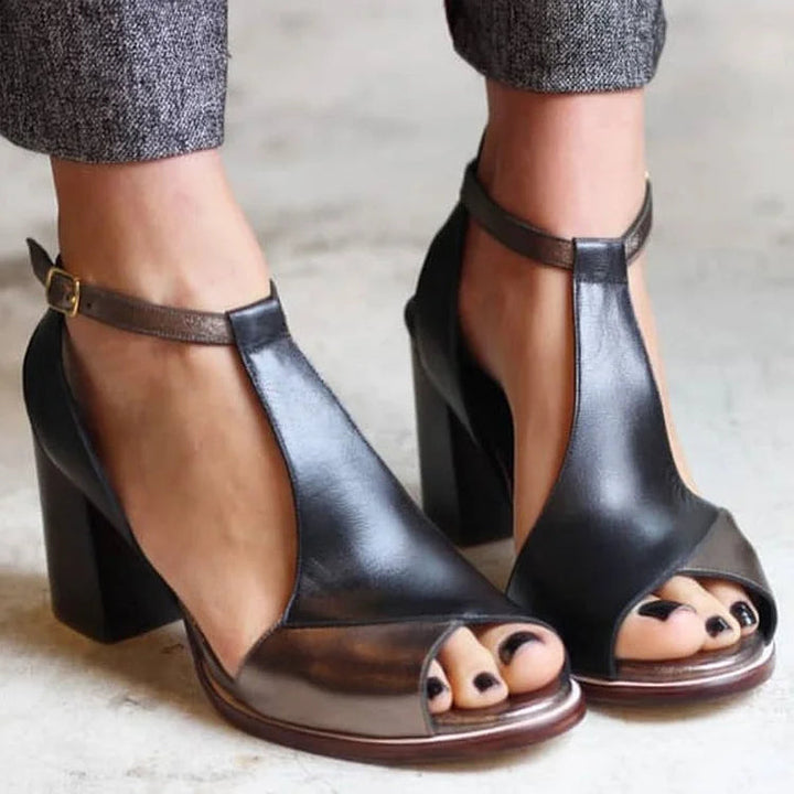 Selene – Black Patchwork Peep-Toe Chunky Heels with Ankle Strap – Byron Grace