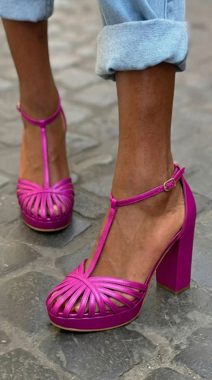 Brielle – Purple Round-Toe Sandals with T-Strap, Platform and Chunky Block Heel – Byron Grace