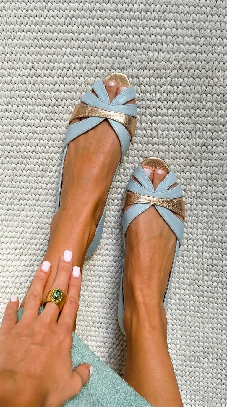 Serena – Blue and Gold Interlocking Metallic Peep-Toe Ballet Flats – Byron Grace