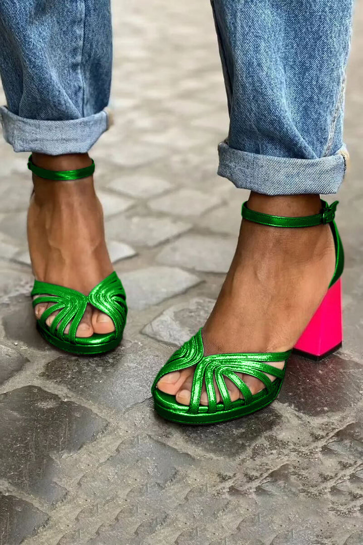 Adriana – Elegant Shiny Colour-Block Peep-Toe Chunky Heels with Ankle Strap and Buckle – Byron Grace