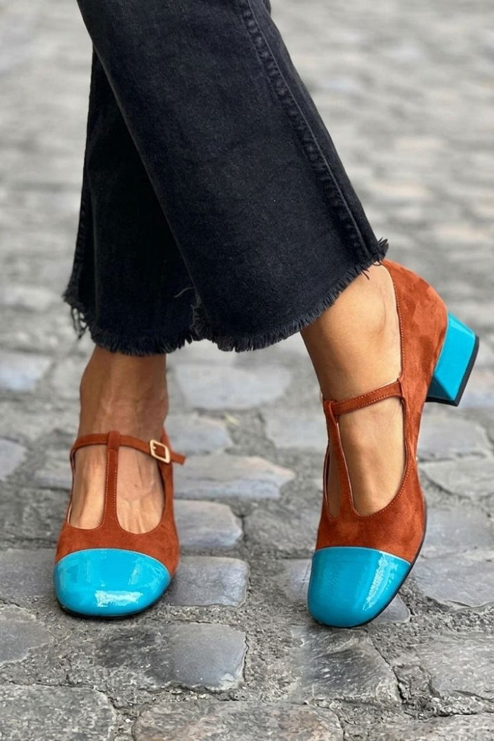 Ramona – Purple Colour-Block Round-Toe Chunky Heels with Buckle and T-Strap – Byron Grace
