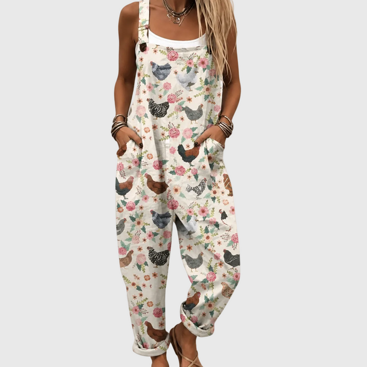 Amber – Soft Vintage Chickens and Flowers Overall
