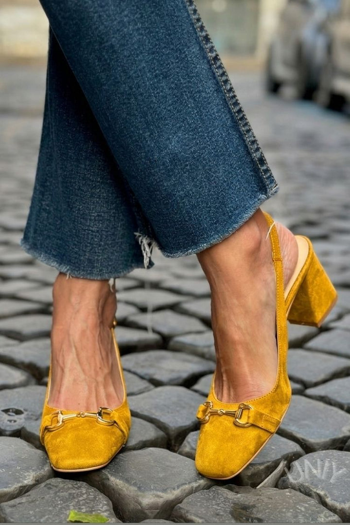 Layla – Olive Suede Slingback Block Heels – Byron Grace