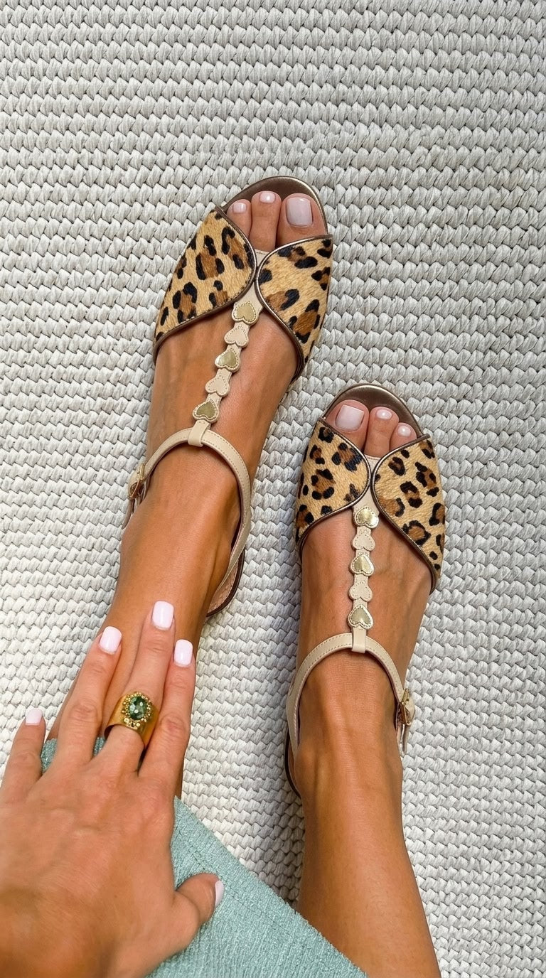 Tilly – Gold Leopard-Print Pony-Hair Peep-Toe Sandals with T-Strap and Heart – Byron Grace
