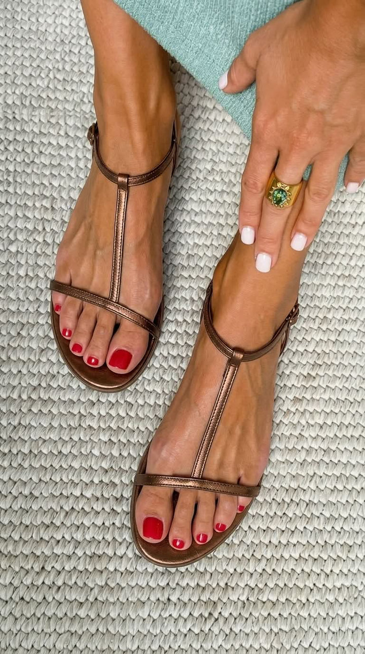 Ella – Metallic Flat Summer Sandals with T-Strap – Byron Grace