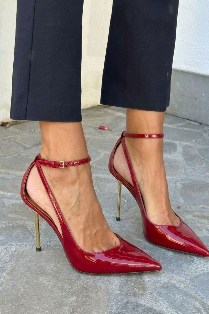 Rhea – Black Patent Stiletto Heels with Ankle Strap – Byron Grace