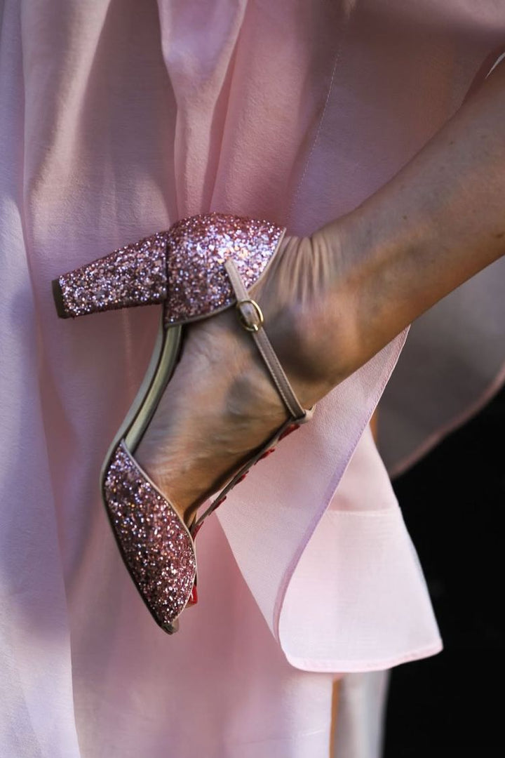Zelda – Pink and Red Glitter Sandals with T-Strap, Heart and Block Heel – Byron Grace