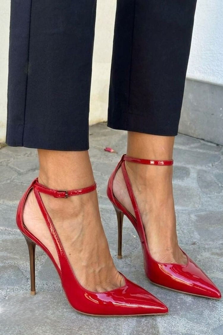 Rhea – Black Patent Stiletto Heels with Ankle Strap – Byron Grace