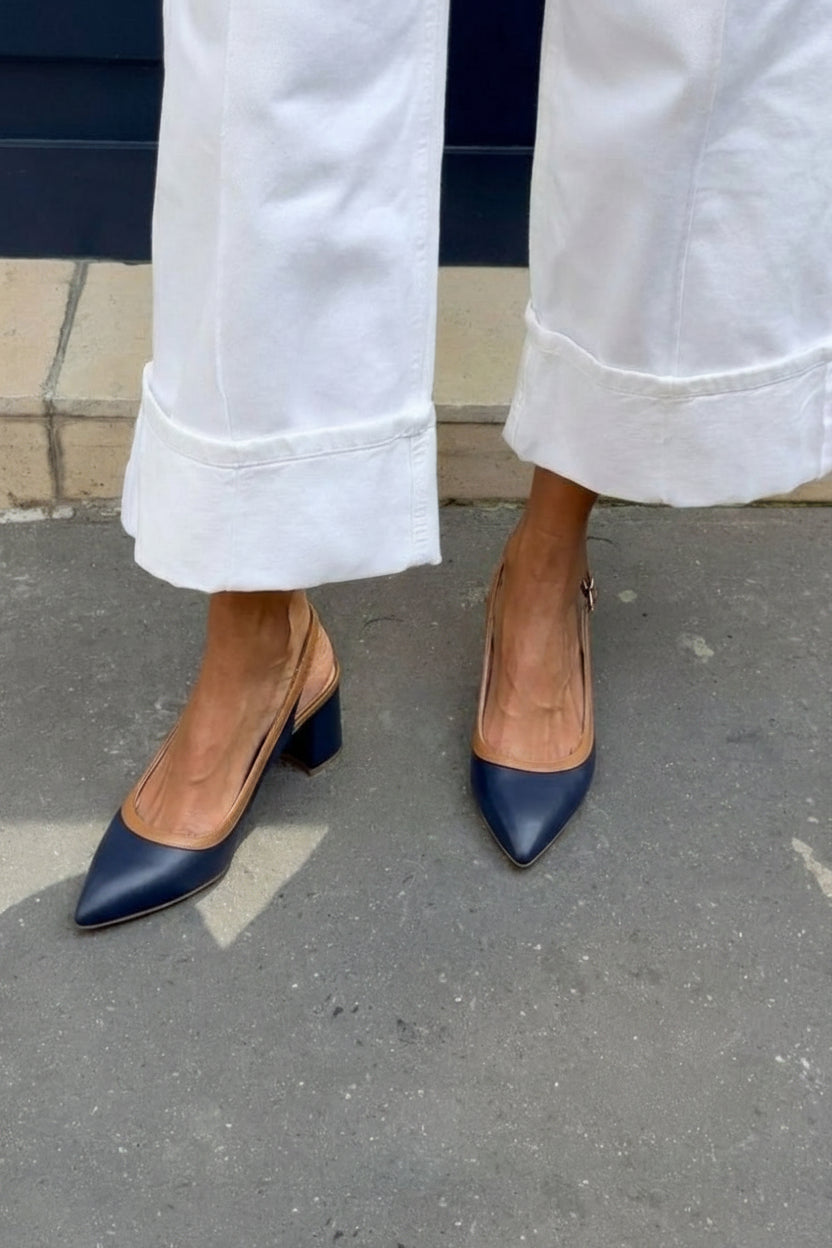 Shiloh – Navy Blue Pointed Slingback Block Heels – Byron Grace