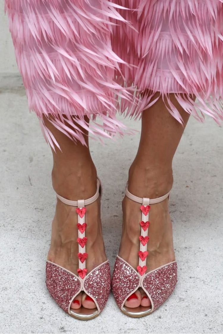 Zelda – Pink and Red Glitter Sandals with T-Strap, Heart and Block Heel – Byron Grace
