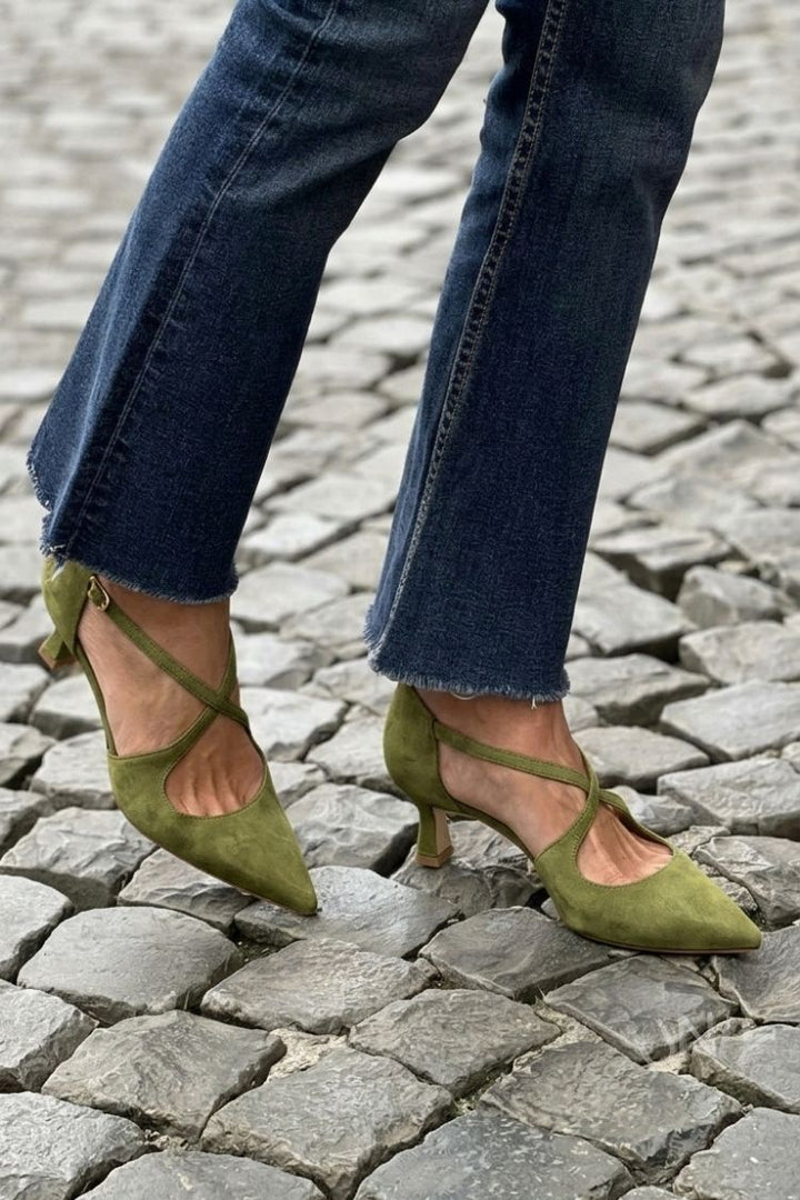 Katarina – Khaki Plain Pointed Low Heels with Buckle and Criss-Cross Straps – Byron Grace