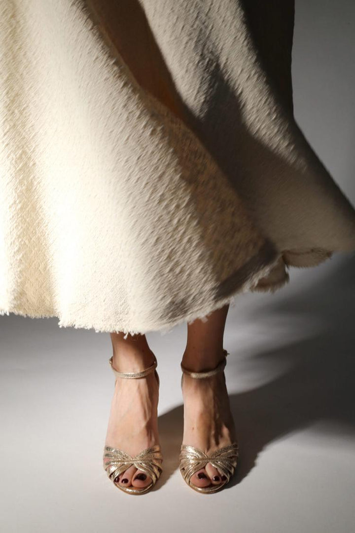 Marisol – Gold Glossy Metallic Peep-Toe Chunky Heels with Ankle Strap and Buckle – Byron Grace
