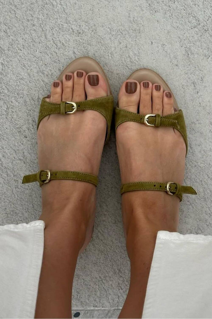Vada – Suede Peep-Toe Sandals with Buckle and Straps – Byron Grace