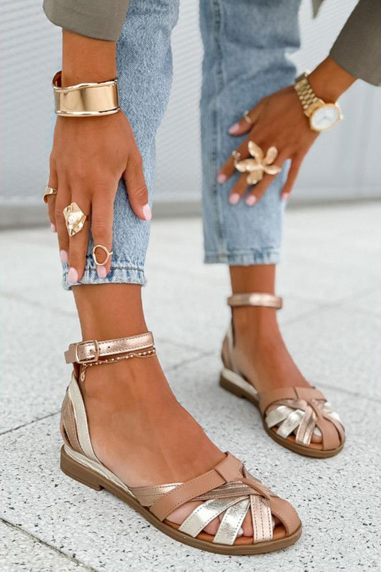 Mila – Champagne Colour-Block Cut-Out Sandals with Ankle Strap and Buckle – Byron Grace