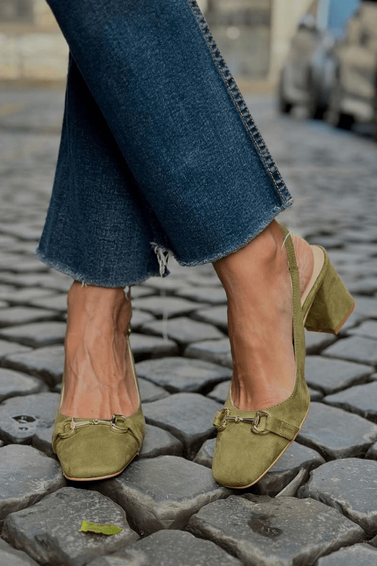 Layla – Olive Suede Slingback Block Heels – Byron Grace