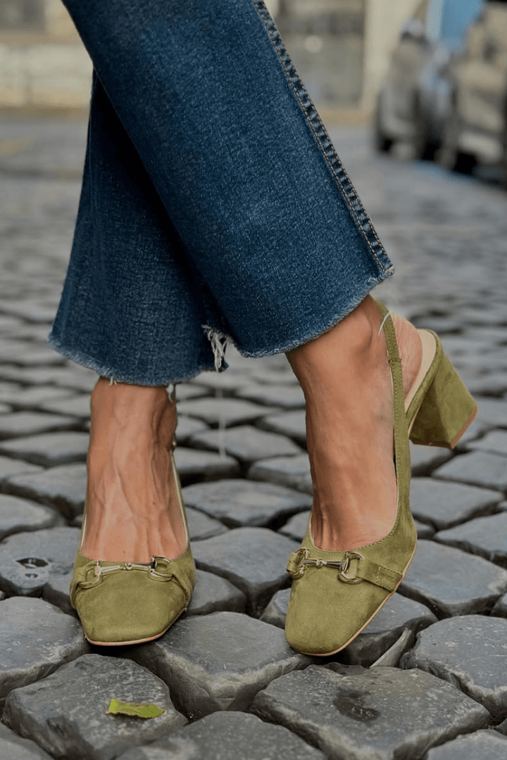 Layla – Olive Suede Slingback Block Heels – Byron Grace