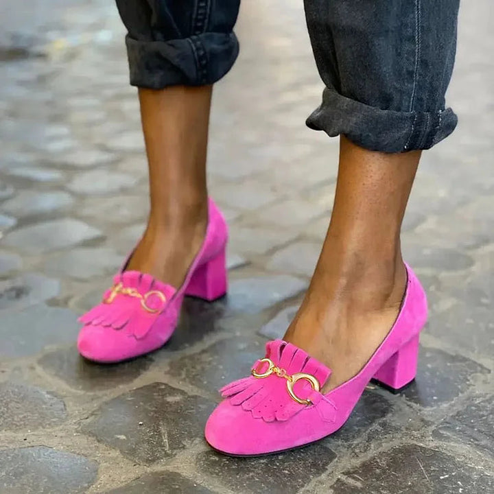 Vanessa – Matte Round-Toe Chunky Heels with Buckle and Fringe – Byron Grace