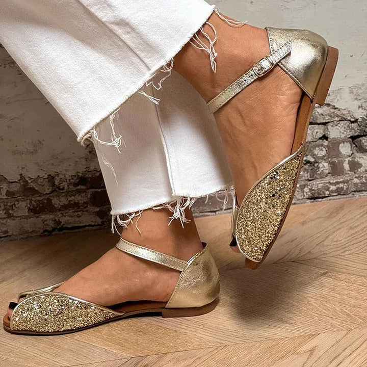 Irene – Gold Glitter Patchwork Peep-Toe Sandals with Ankle Strap and Buckle – Byron Grace