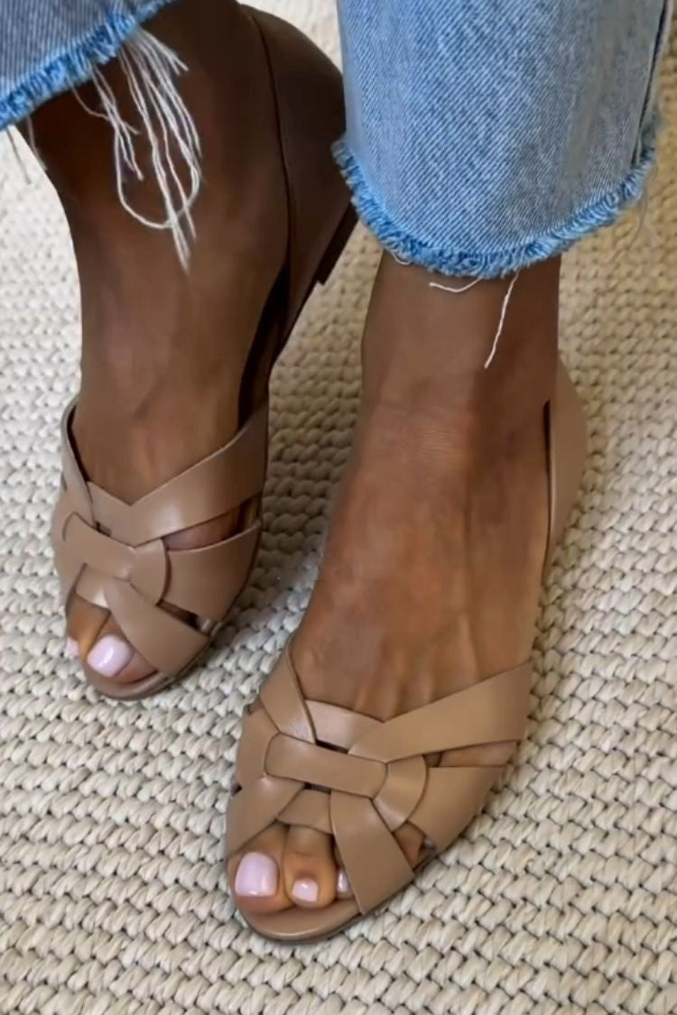 Stella – Woven Faux-Leather Peep-Toe Ballet Flats with Criss-Cross Straps and Closed Back – Byron Grace