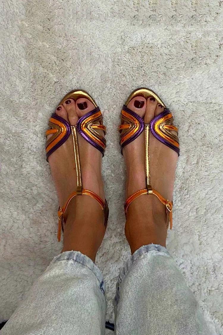 Penelope – Multicolour and Gold Peep-Toe Sandals with Buckle and T-Strap – Byron Grace