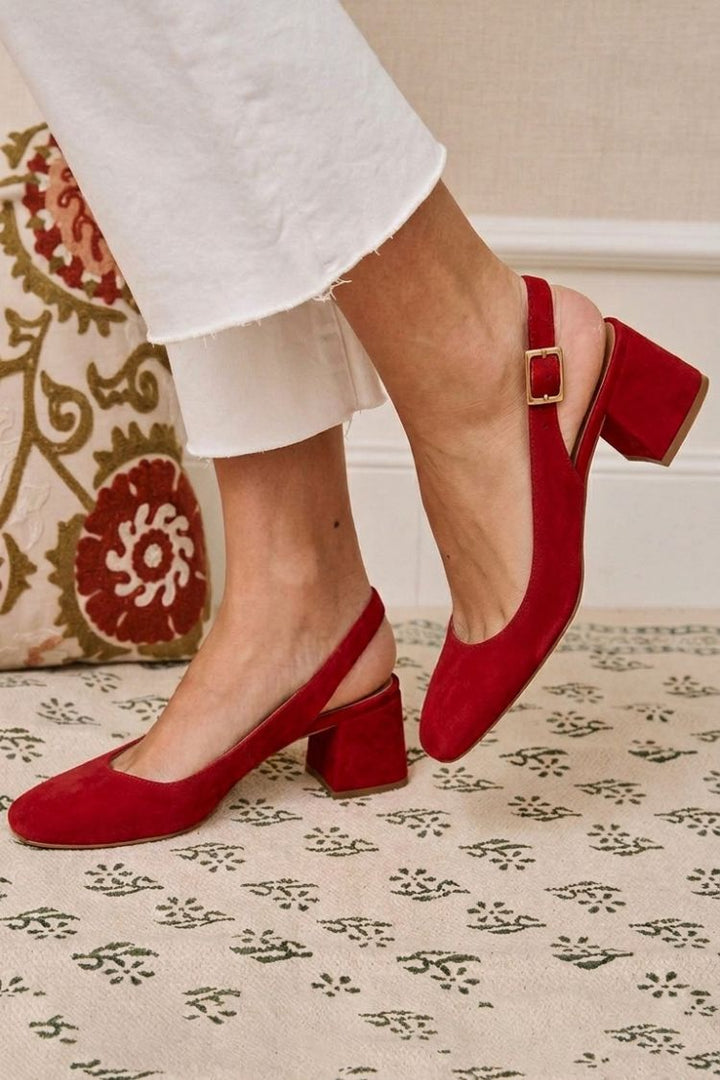 Hazel – Khaki Essential Chunky Square-Toe Slingback Heels with Buckle – Byron Grace
