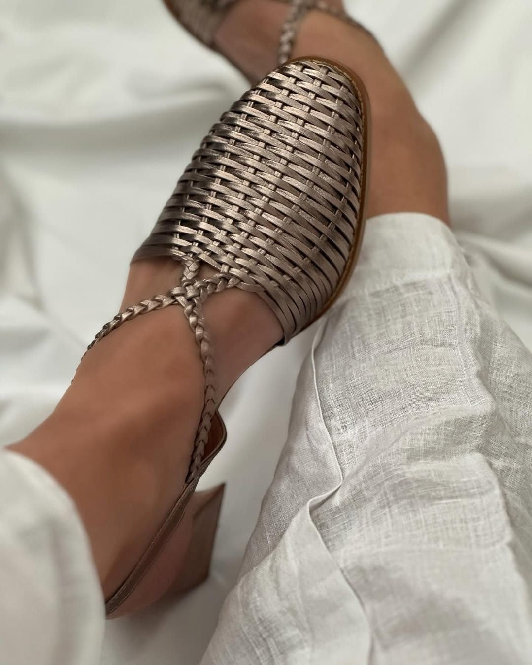 Fleur – Champagne Woven Metallic Pointed Block Heels with Straps – Byron Grace