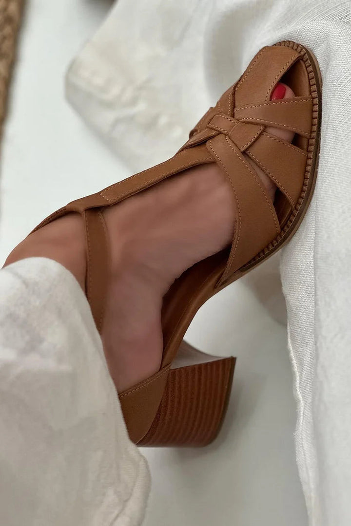 Sasha – Brown Woven Cut-Out Chunky Heels with Buckle and T-Strap – Byron Grace