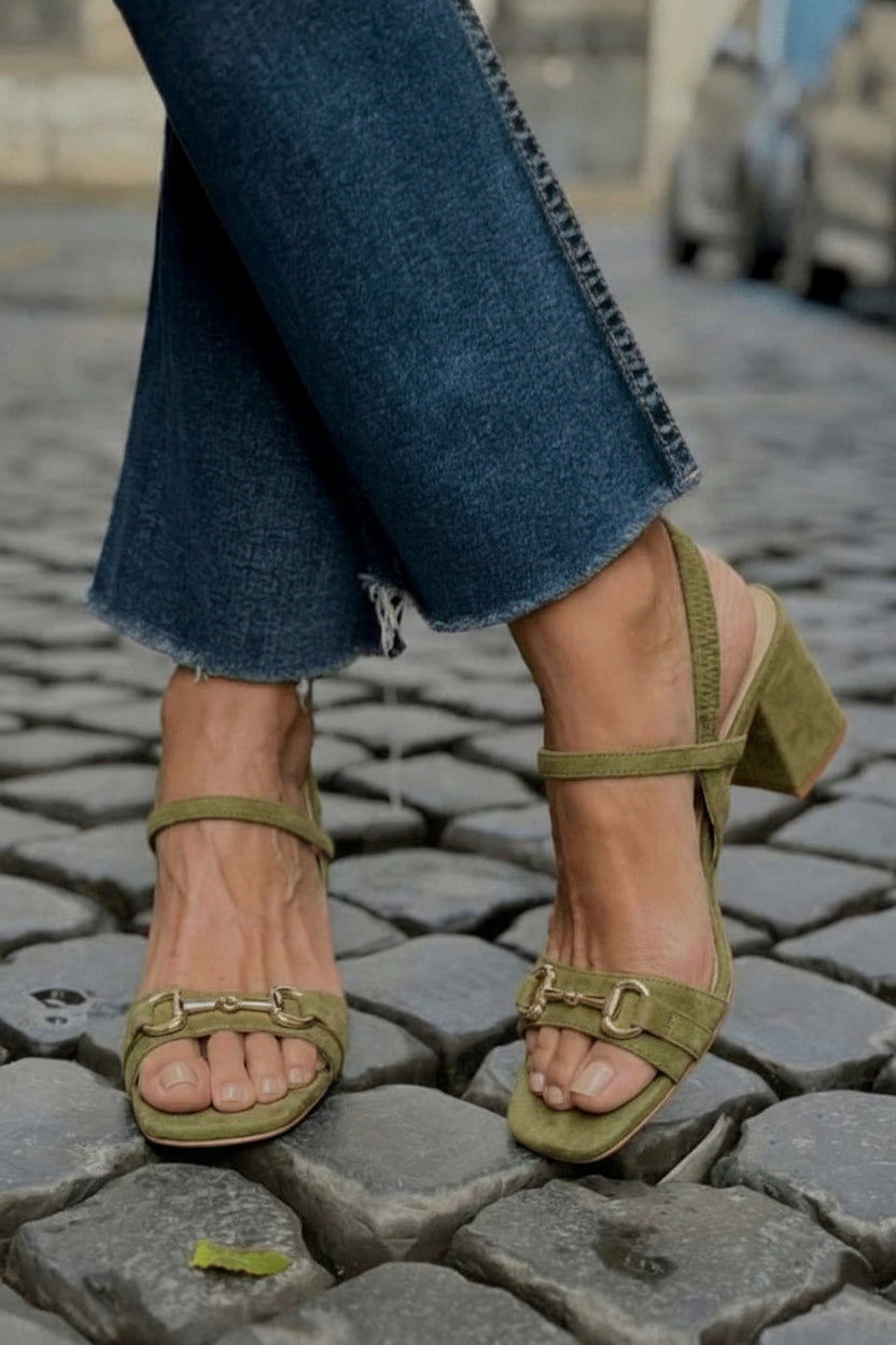 Alba – Olive Green Suede Slingback Sandals with Block Heel – Byron Grace