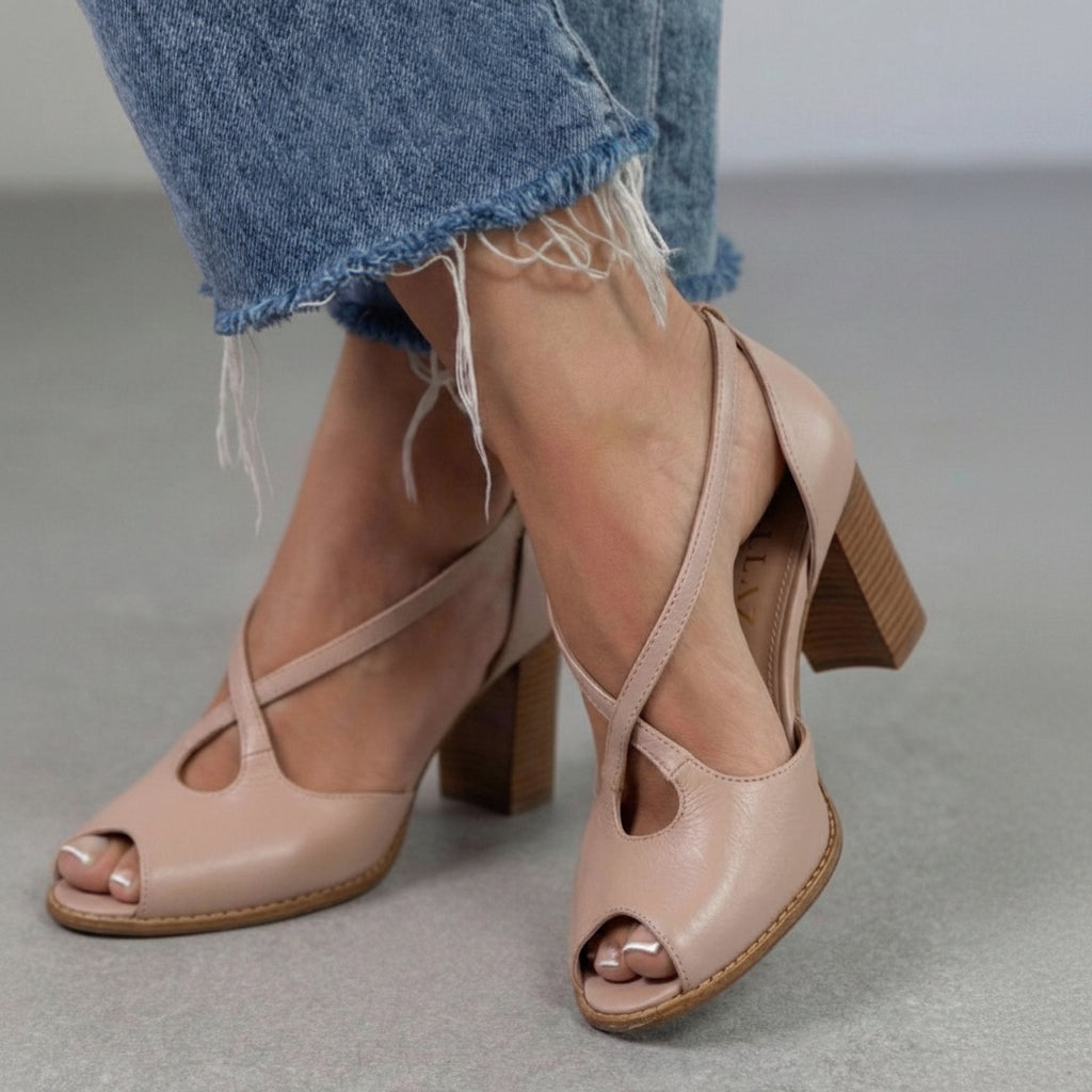 Wren – Blush and Pink Elegant Open-Toe Sandals with Criss-Cross Straps and Block Heel – Byron Grace