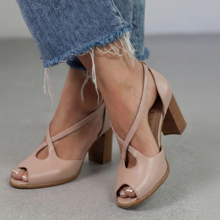 Wren – Blush and Pink Elegant Open-Toe Sandals with Criss-Cross Straps and Block Heel – Byron Grace