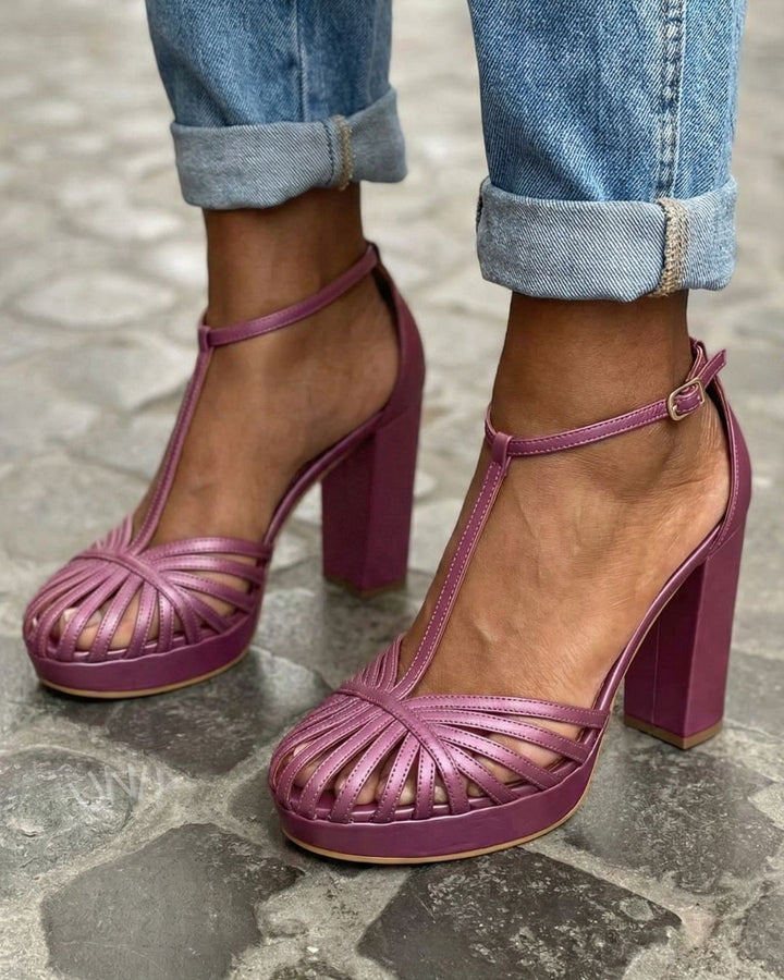 Brielle – Purple Round-Toe Sandals with T-Strap, Platform and Chunky Block Heel – Byron Grace