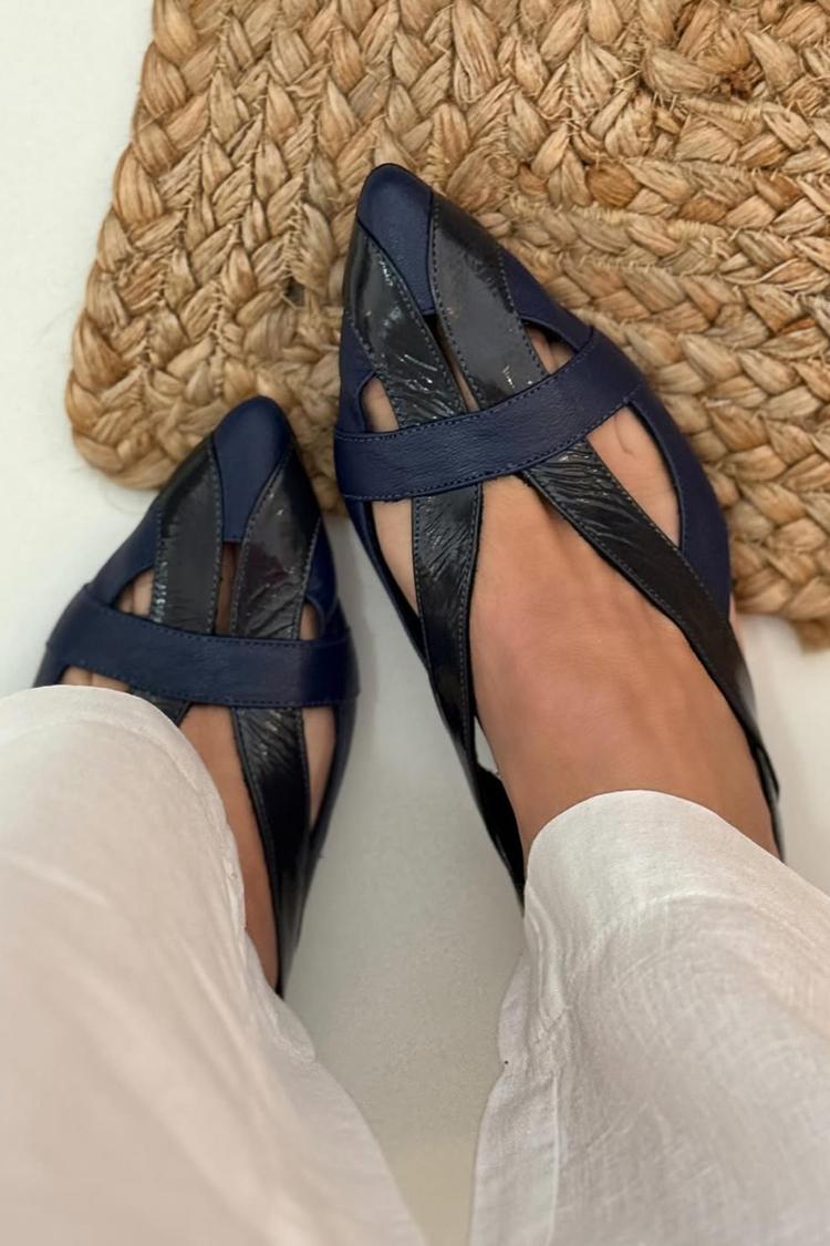 Roxana – Navy Blue Patchwork Cut-Out Pointed Slingback Ballet Flats – Byron Grace