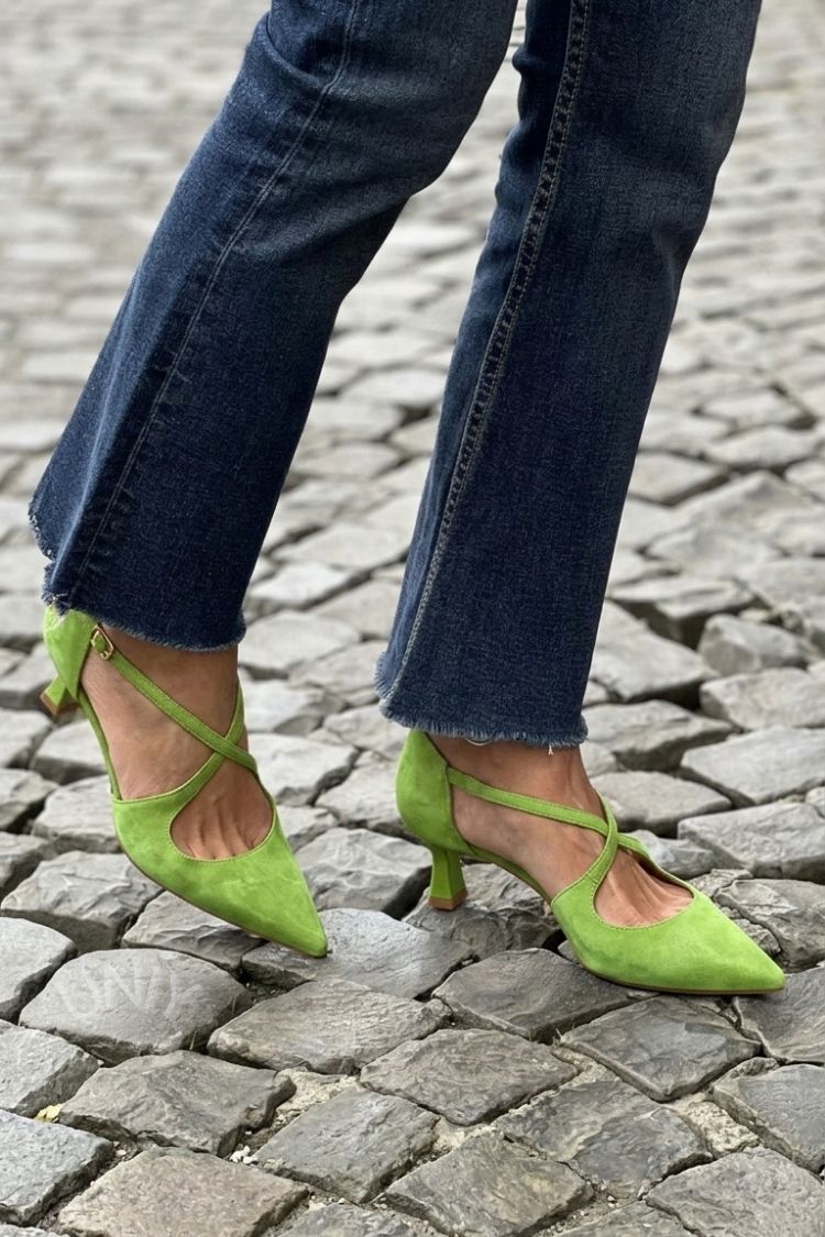 Katarina – Khaki Plain Pointed Low Heels with Buckle and Criss-Cross Straps – Byron Grace
