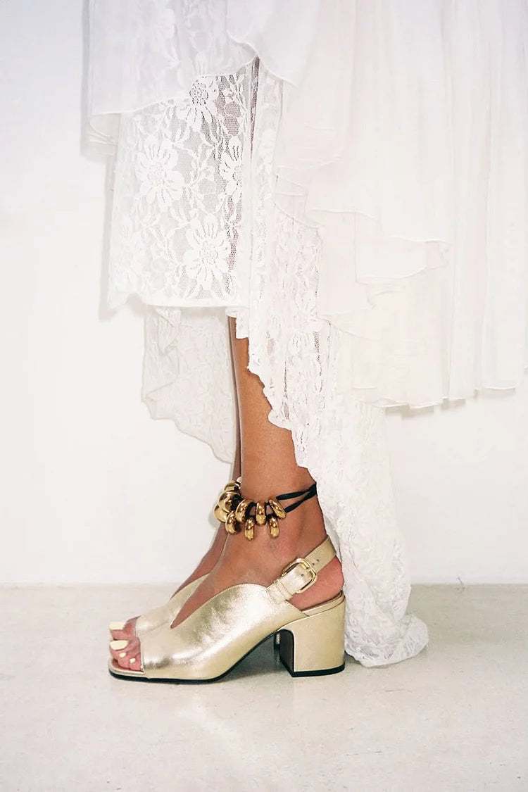 Eve – Gold Glossy Metallic Peep-Toe Slingback Chunky Heels – Byron Grace