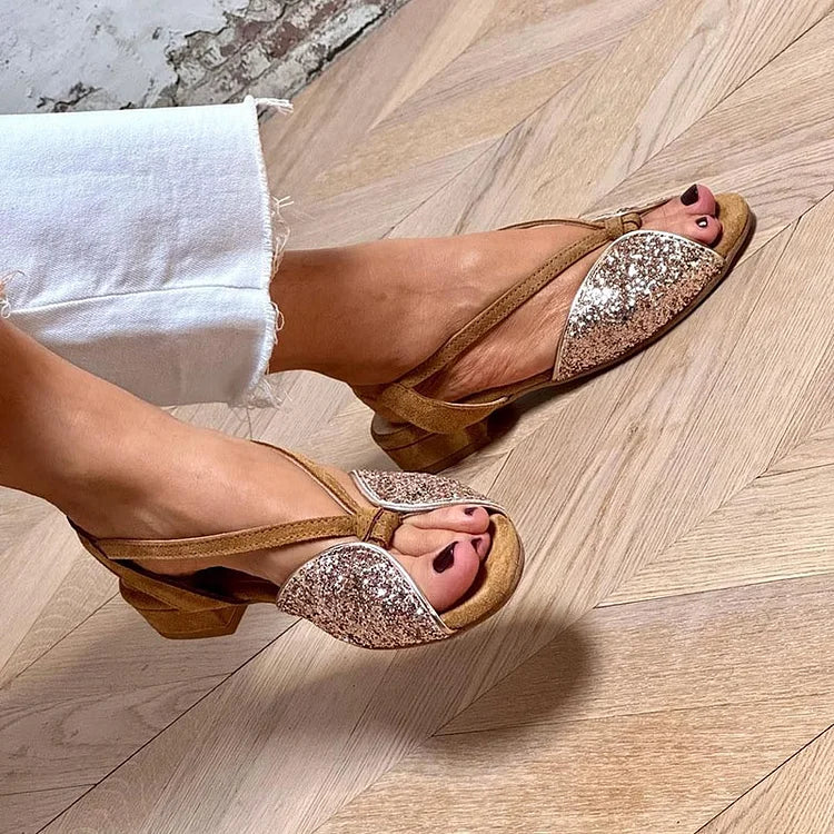 Dora – Brown Flat Glitter Patchwork Sandals – Byron Grace