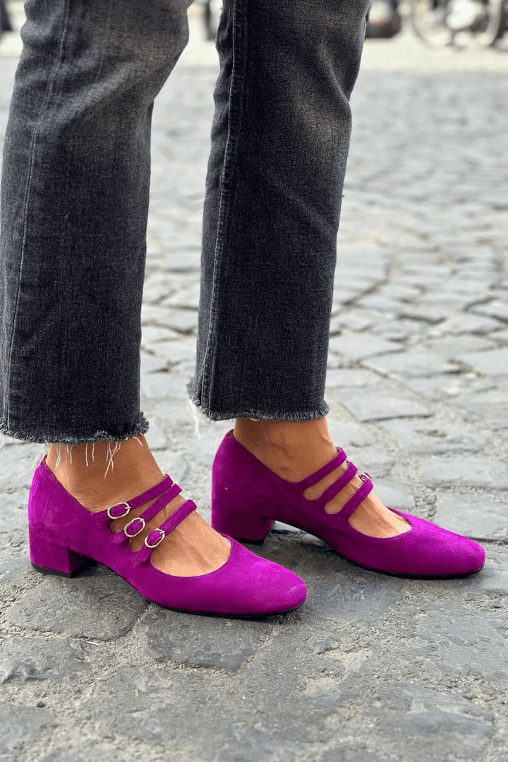 Ottilie – Purple Square-Toe Chunky Heels with Buckle – Byron Grace