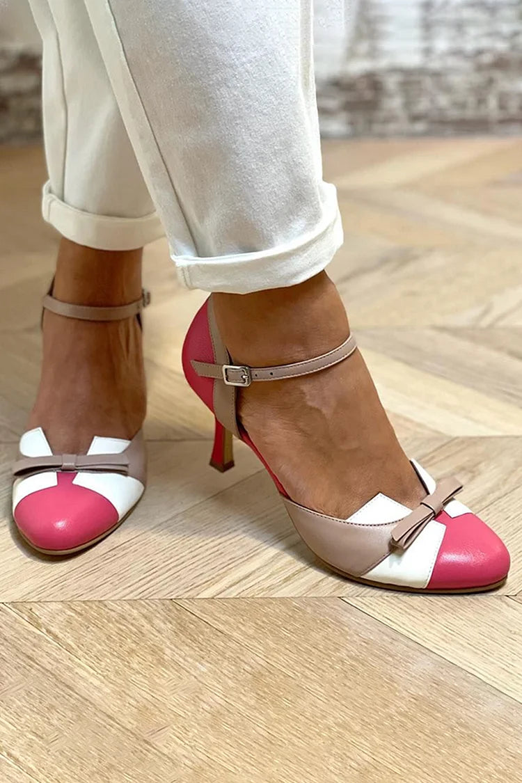 Josie – Fuchsia Colour-Block Patchwork Round-Toe Stiletto Heels with Bow – Byron Grace