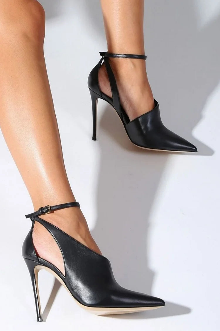Winona – Black Cut-Out Pointed Stiletto Heels with Ankle Strap and Buckle – Byron Grace